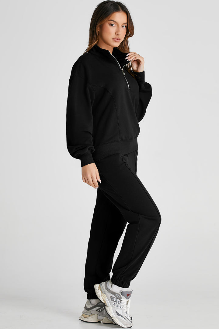 Half Zip Long Sleeve Top and Joggers Active Set Black