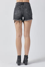 Raw Hem Denim Shorts with Pockets in Black