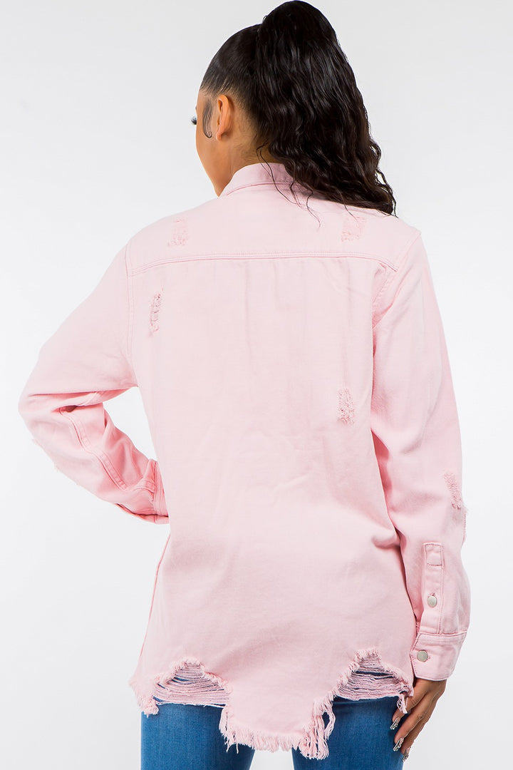Pink Frayed Hem Distressed Denim Jacket