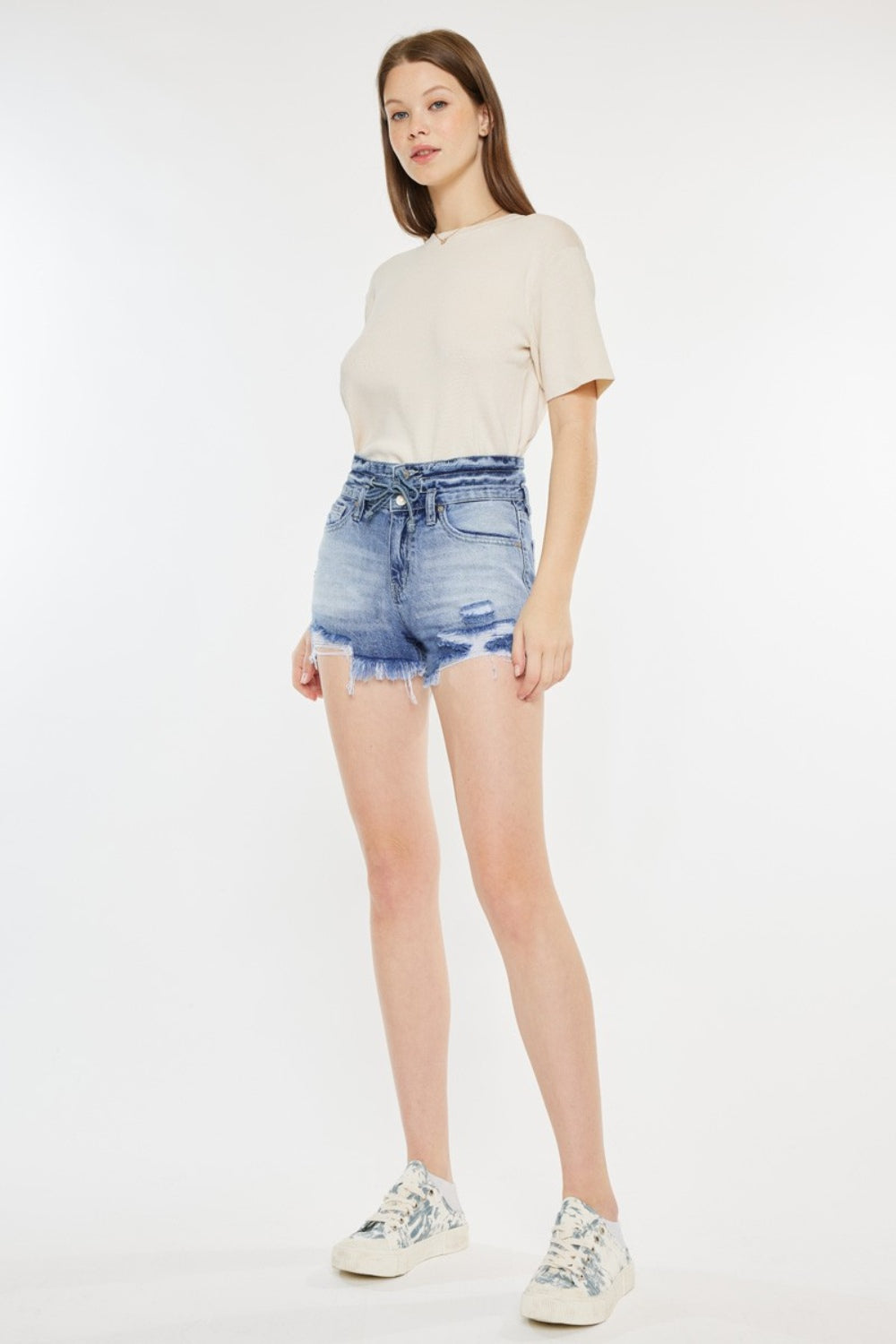 Acid Wash High Rise Frayed Hem Denim Shorts