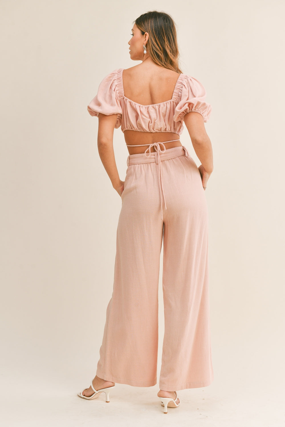 Dusty Pink Cut Out Drawstring Crop Top and Belted Pants Set