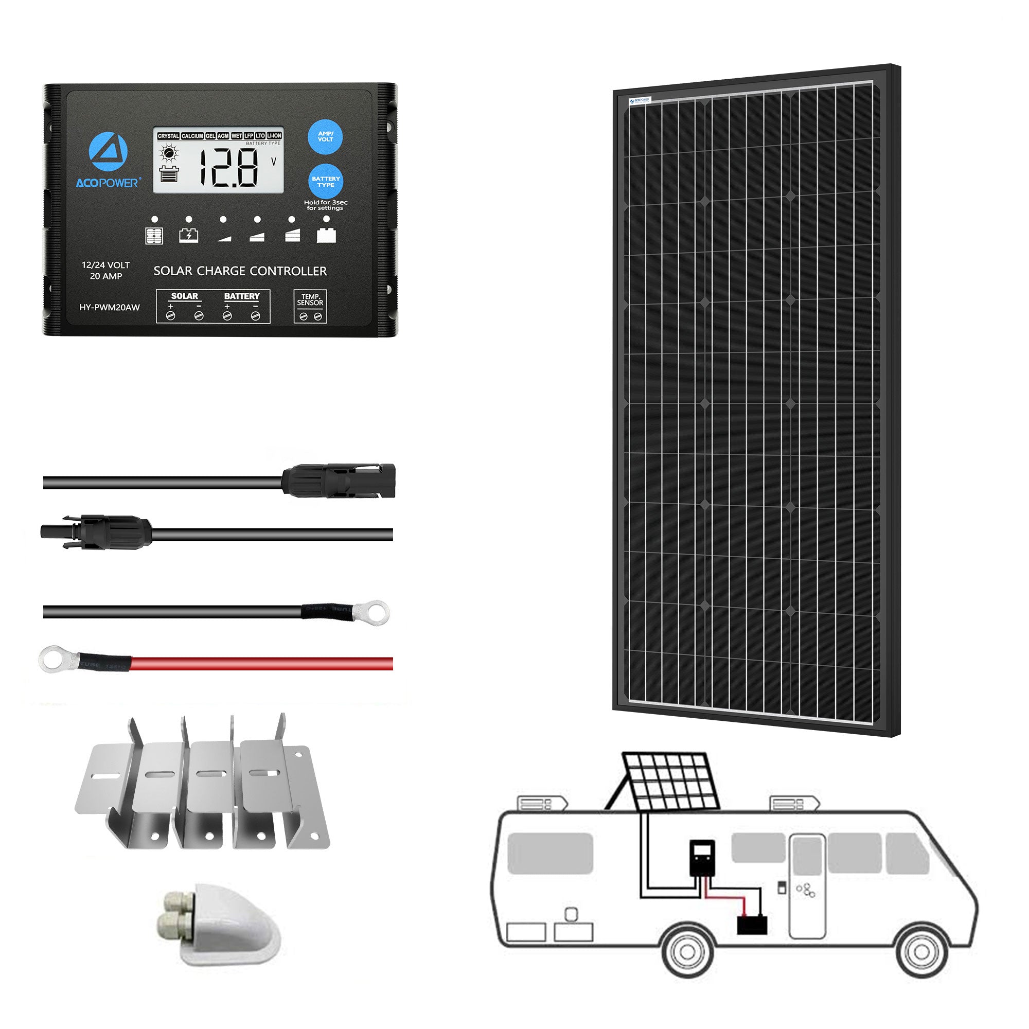 Mono Solar RV Kits + MPPT/PWM Charge Controller