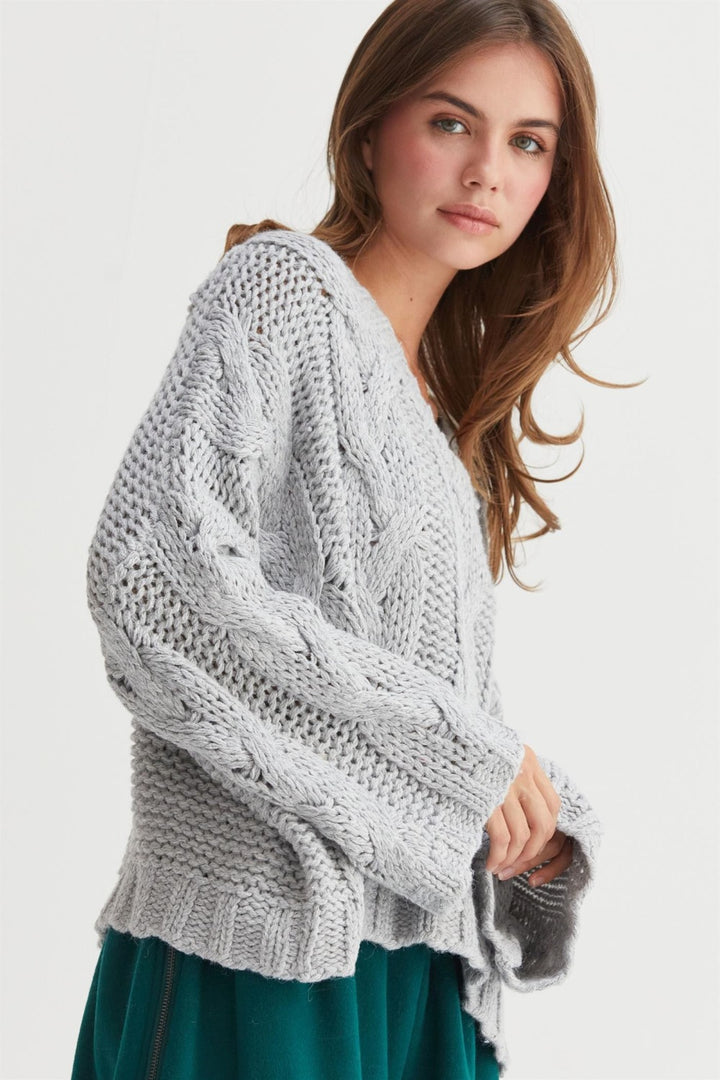 Gray Cable Knit V-Neck Sweater