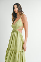 Sage Cutout Waist Backless Maxi Dress