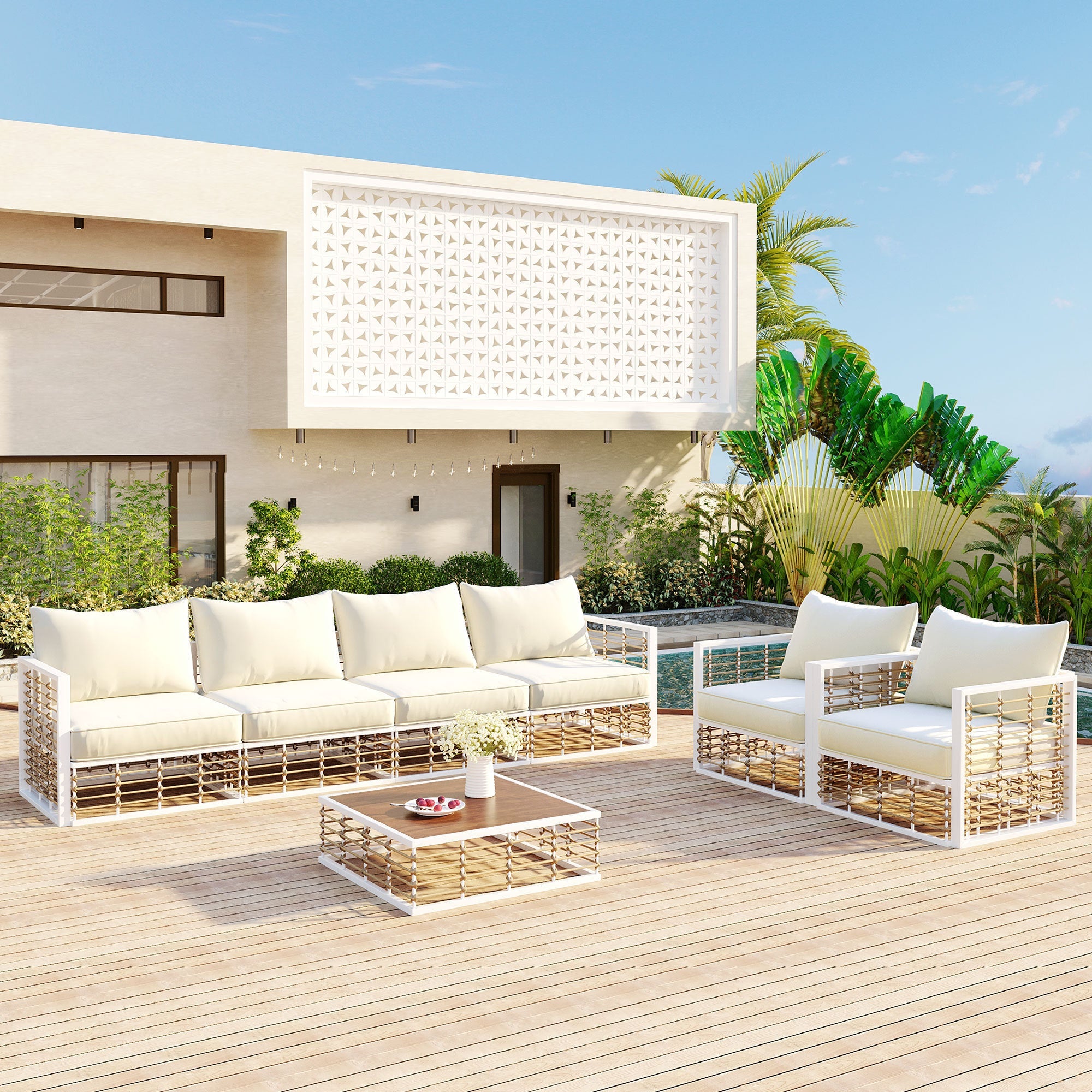 Minimalist 7-Piece Patio Sectional Sofa Set White Frame