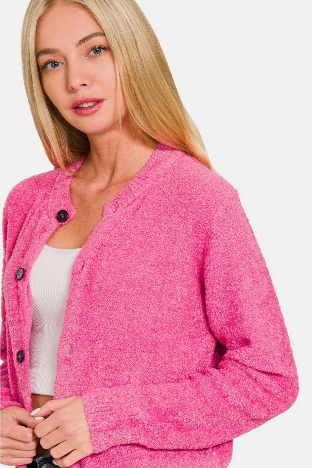 Fuchsia Button Down Long Sleeve Sweater Cardigan