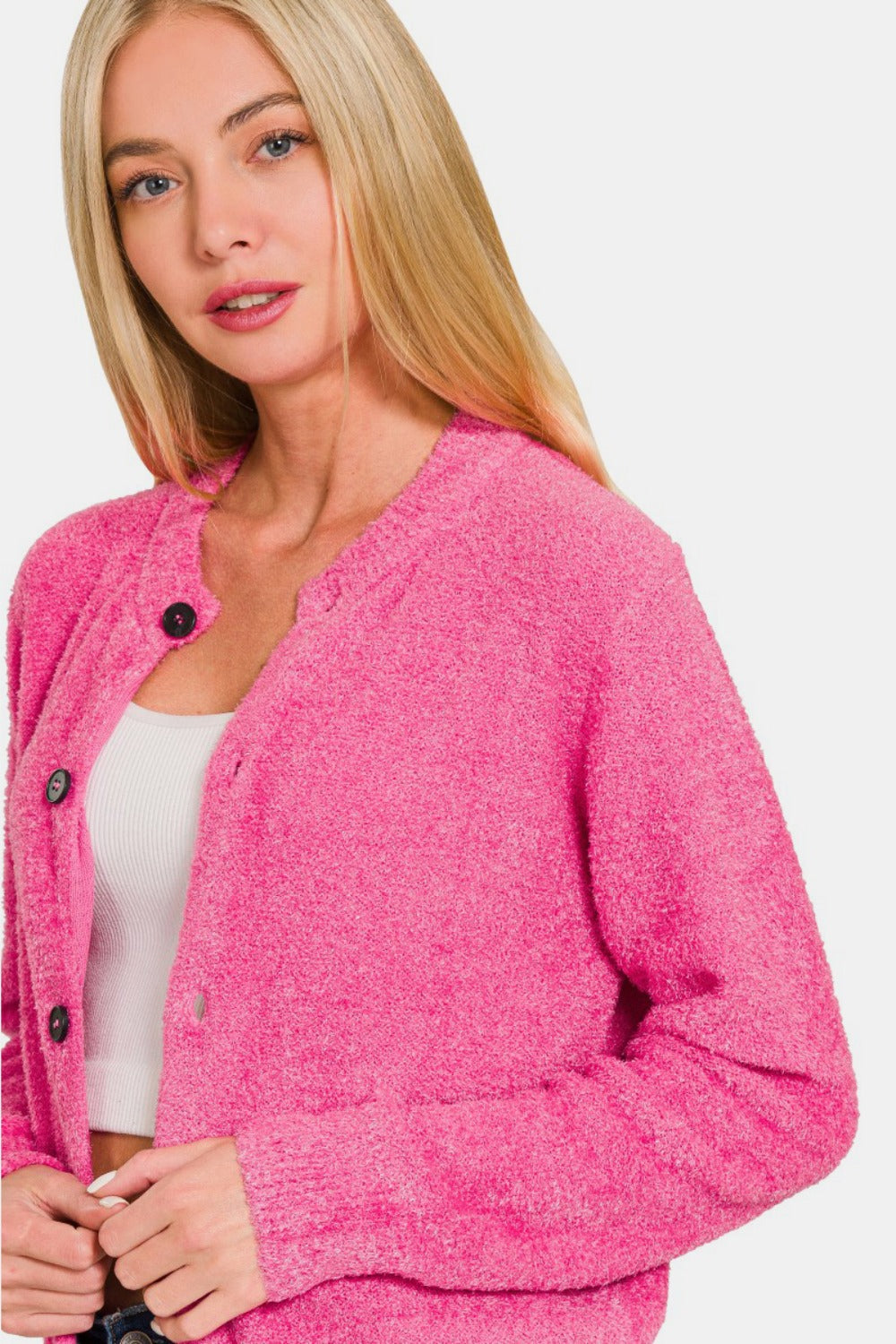 Fuchsia Button Down Long Sleeve Sweater Cardigan