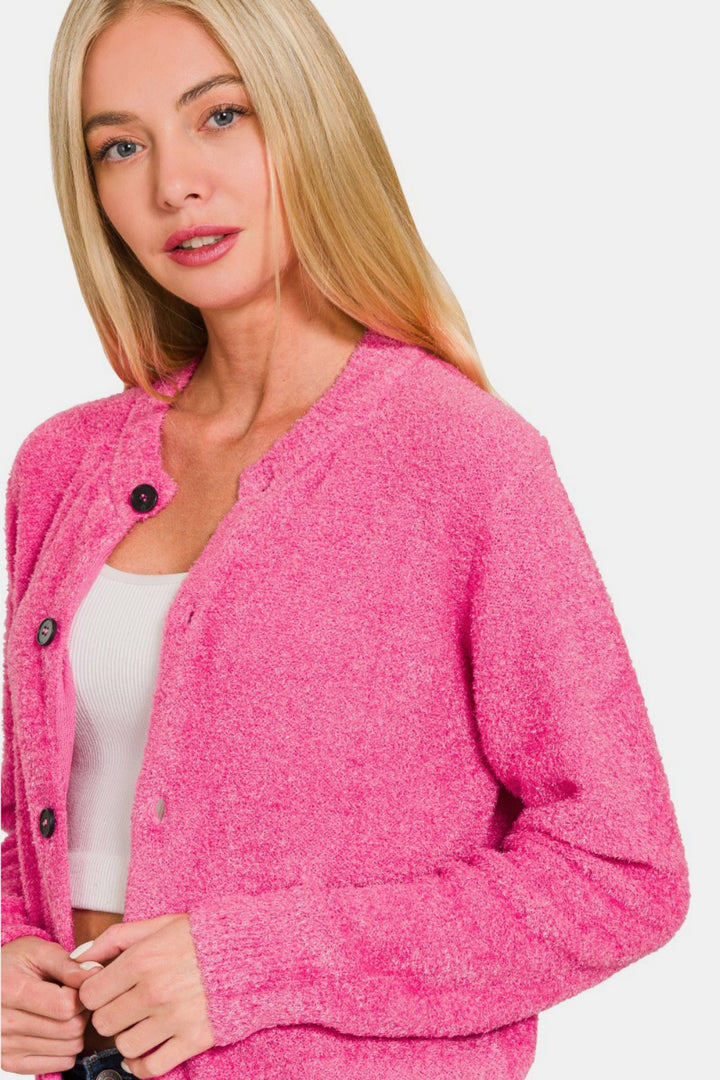 Fuchsia Button Down Long Sleeve Sweater Cardigan