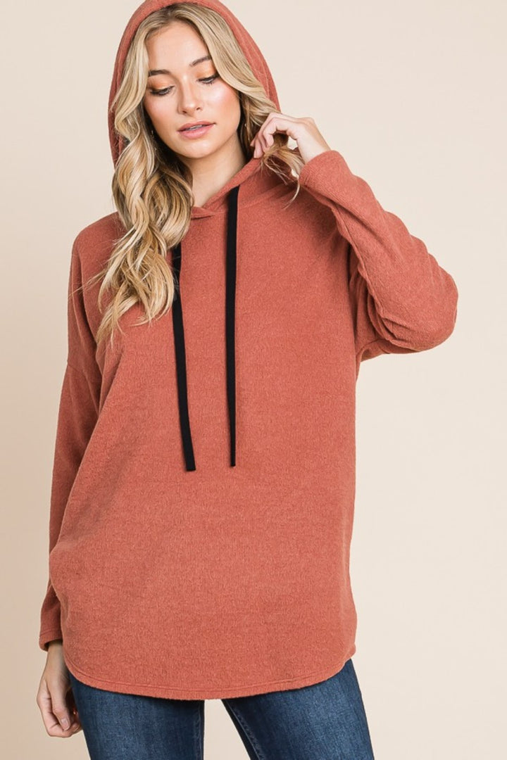 Brick Contrast Drawstring Drop Shoulder Knit Hoodie