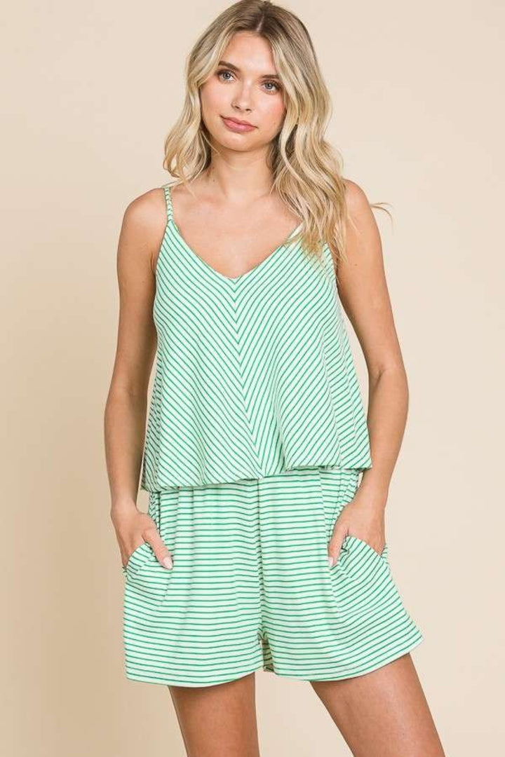 Candy Green Full Size Double Flare Striped Romper