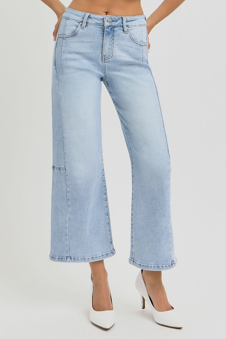 High Rise Seamed Detail Wide Leg Crop Jeans