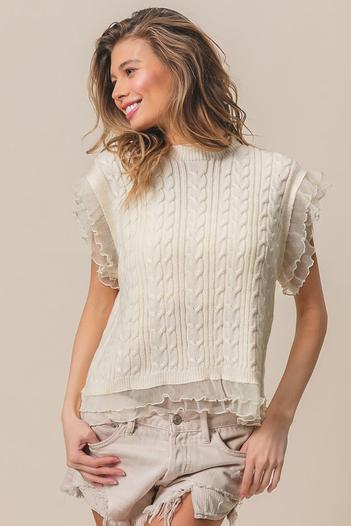 Layered Pleat Chiffon Edge Cable Knit Top