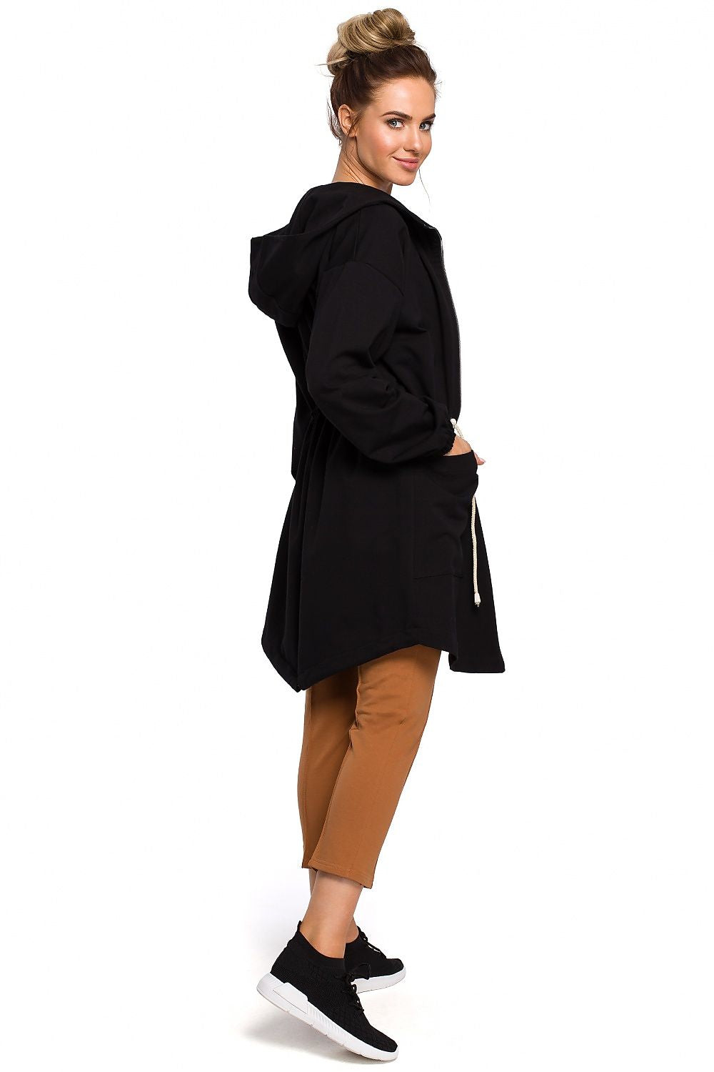 Long Sweatshirt in Black with Zipper and Waist Ties