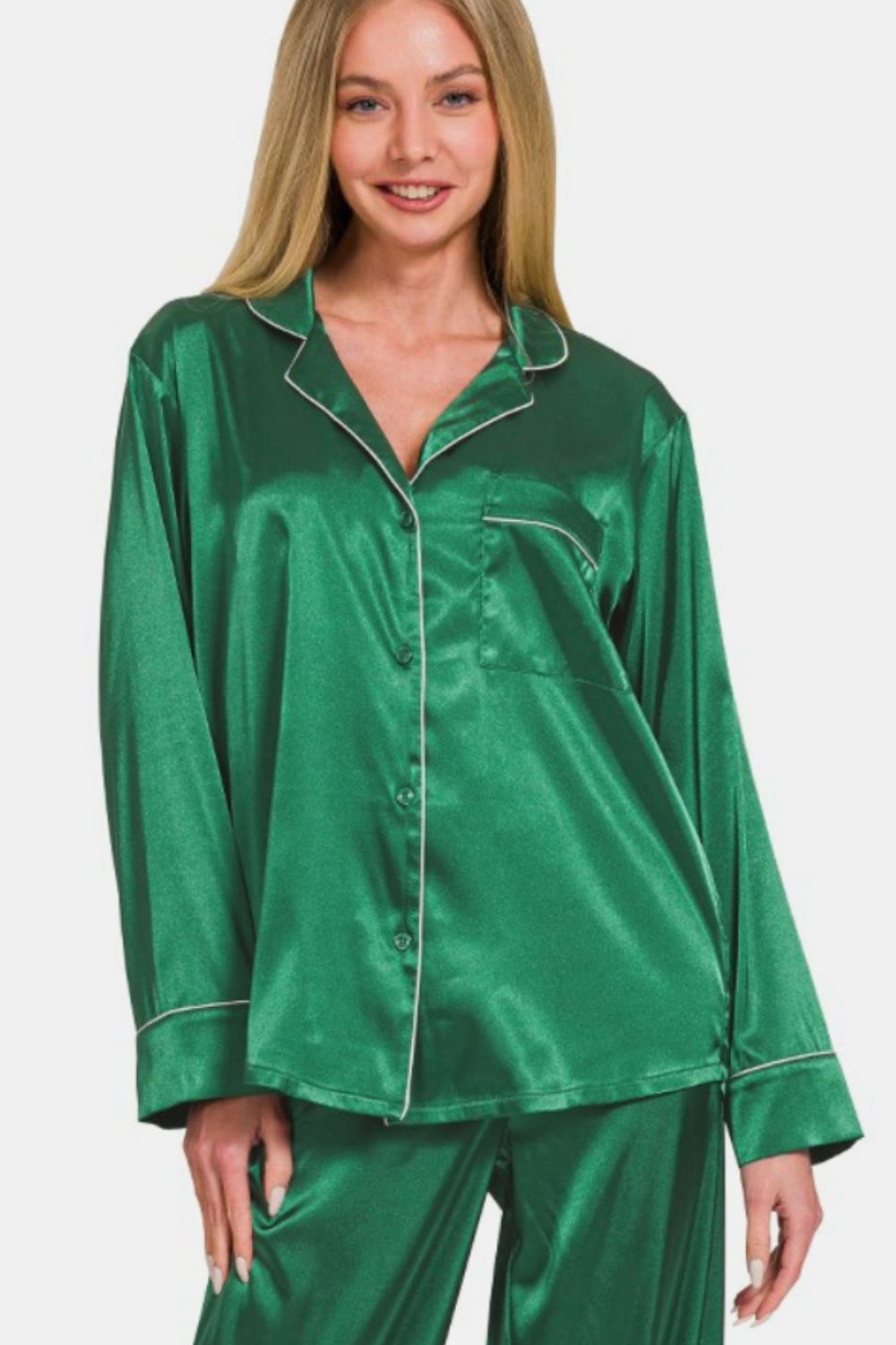 Green Satin Long Sleeve Shirt and Pants Pajama Set