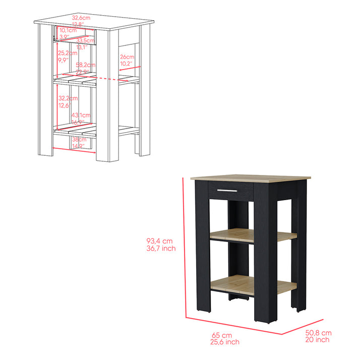 Kitchen Island 23" Dozza with Single Drawer and 2-Tier Shelves Black/Light Oak