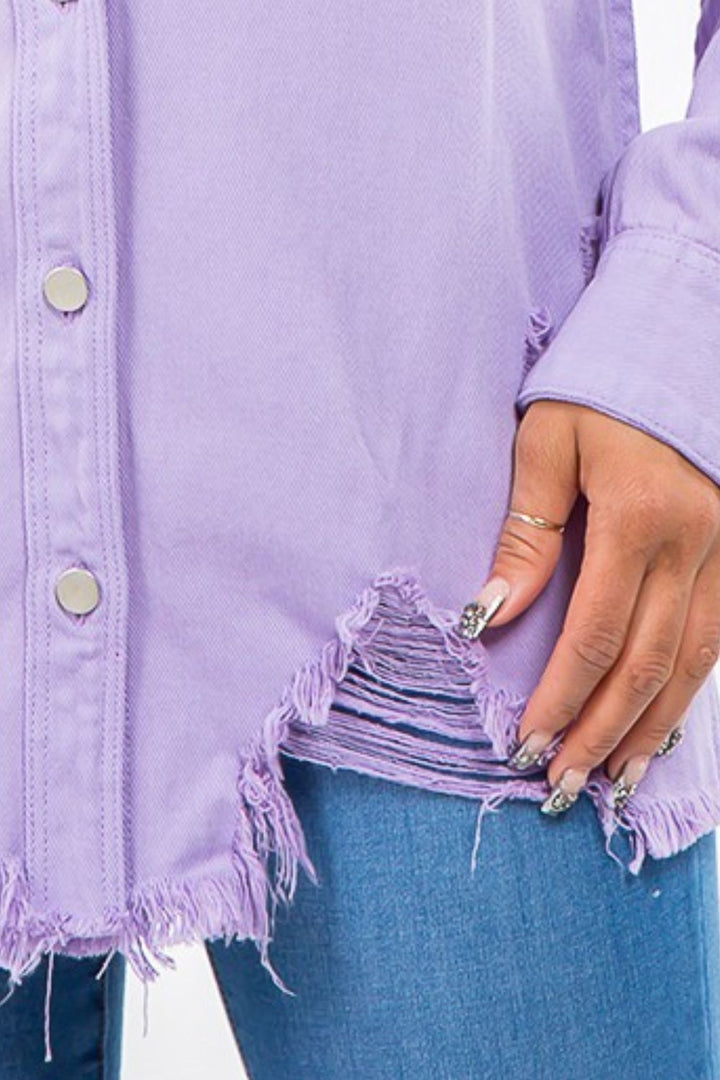 Lavender Frayed Hem Distressed Denim Jacket