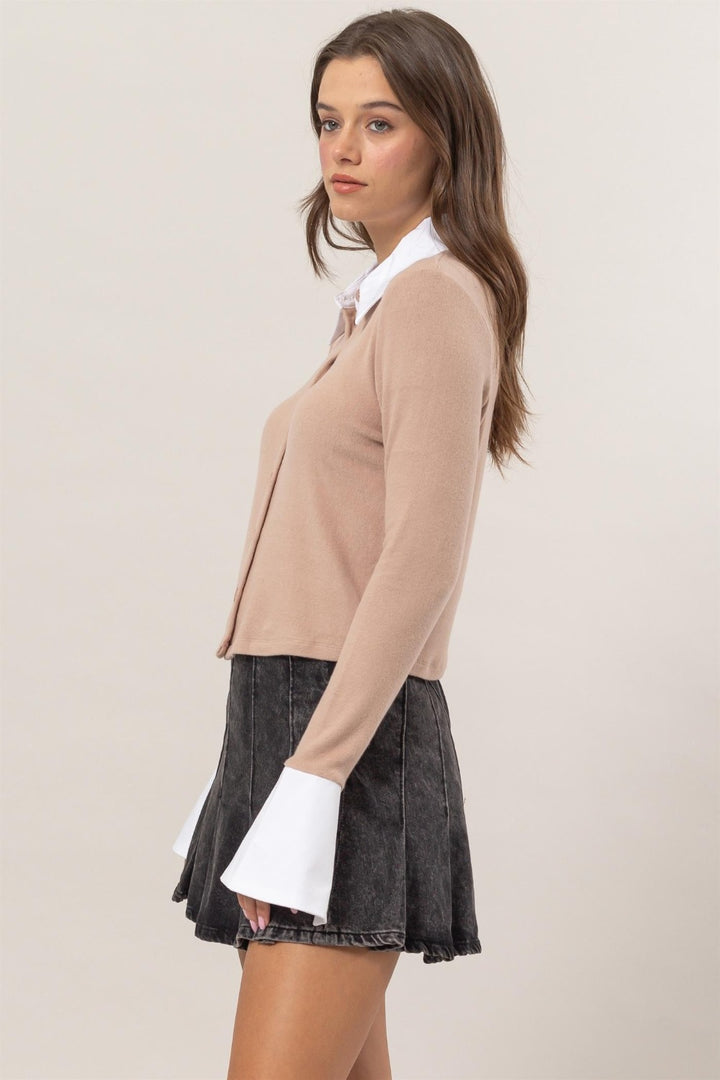 Mocha Collared Contrast Button Down Crop Knit Cardigan