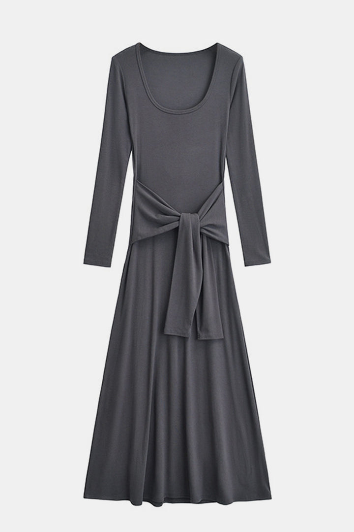 Tied Scoop Neck Long Sleeve Maxi Dress