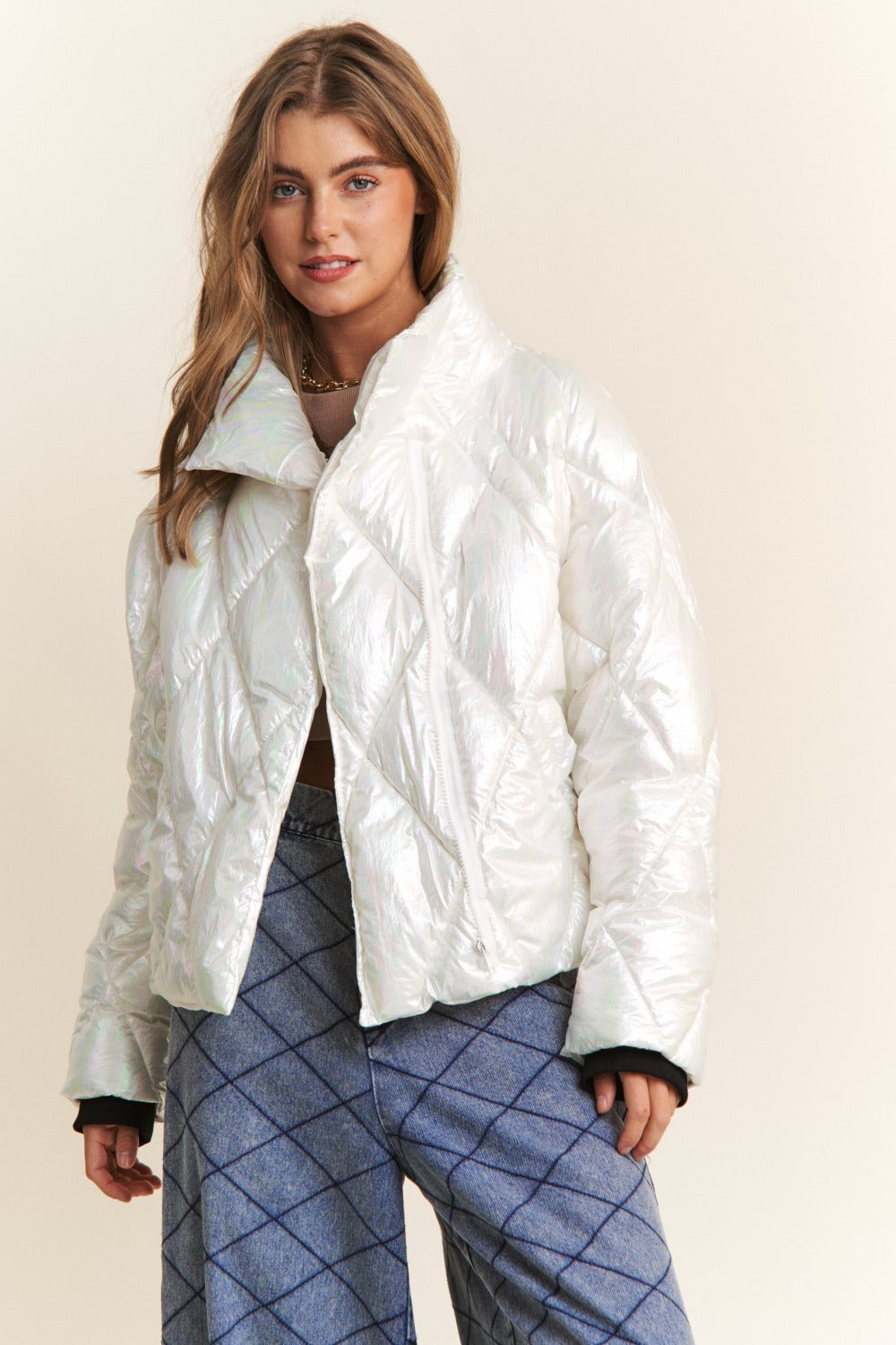 White Quilted Mock Neck Puffer Jacket