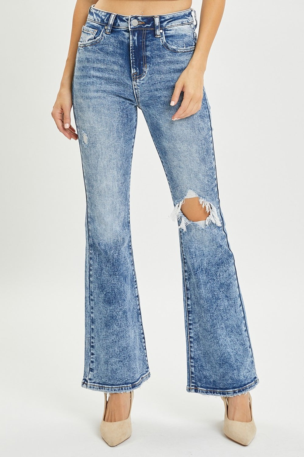 Acid Wash Full Size High Rise Distressed Flare Jeans