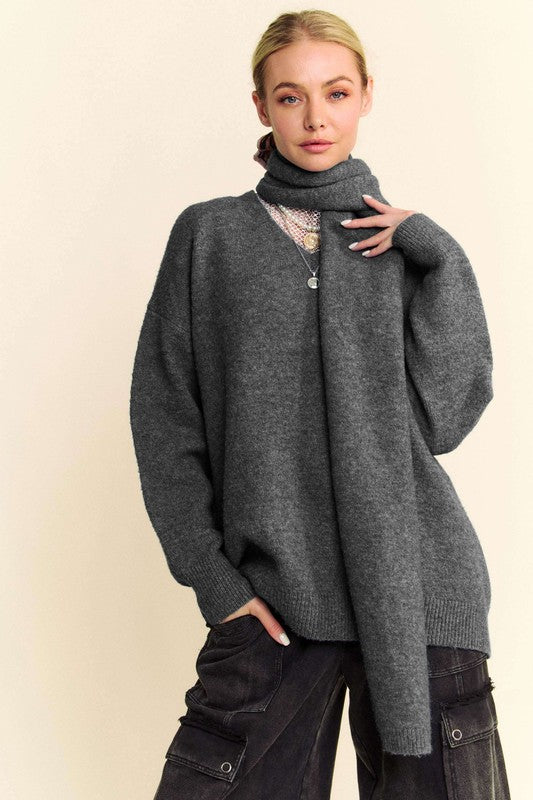 V-Neck Dropped Shoulder Sweater with Scarf Set in Dark Gray