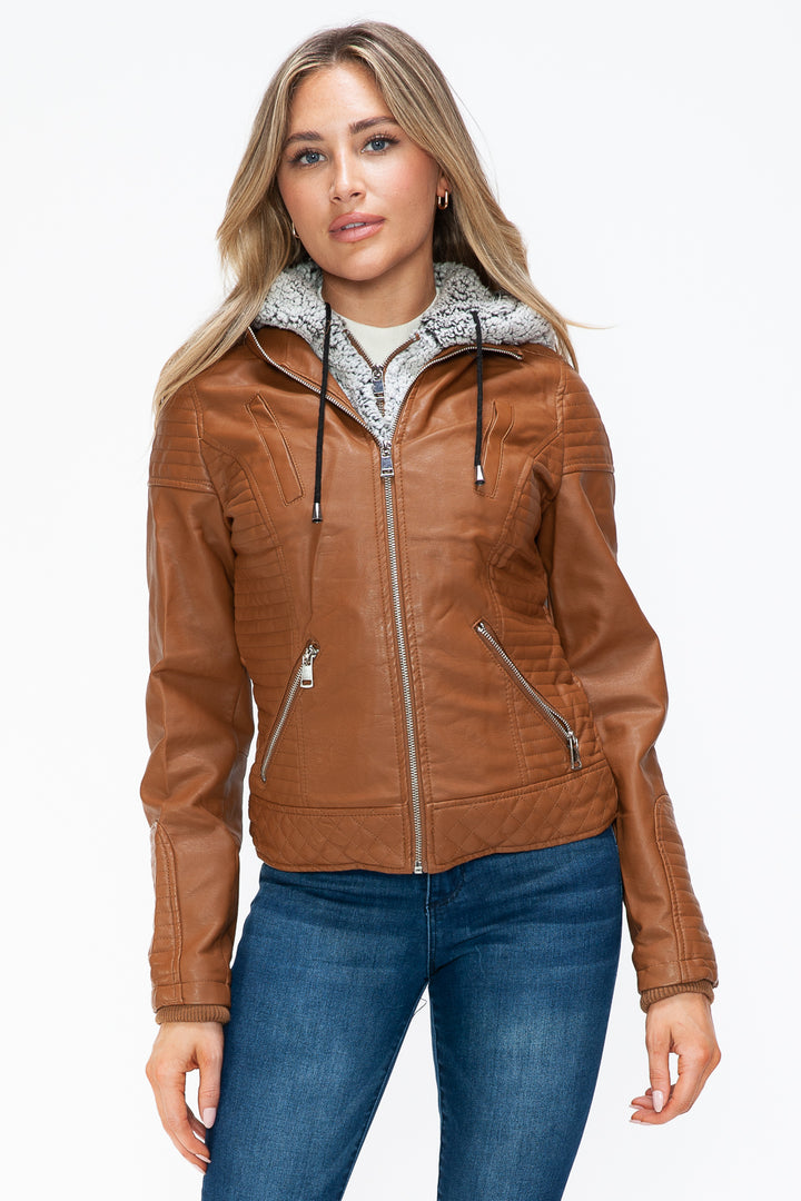 Faux Layered Double-Zipper Jacket with Fuzzy Hood