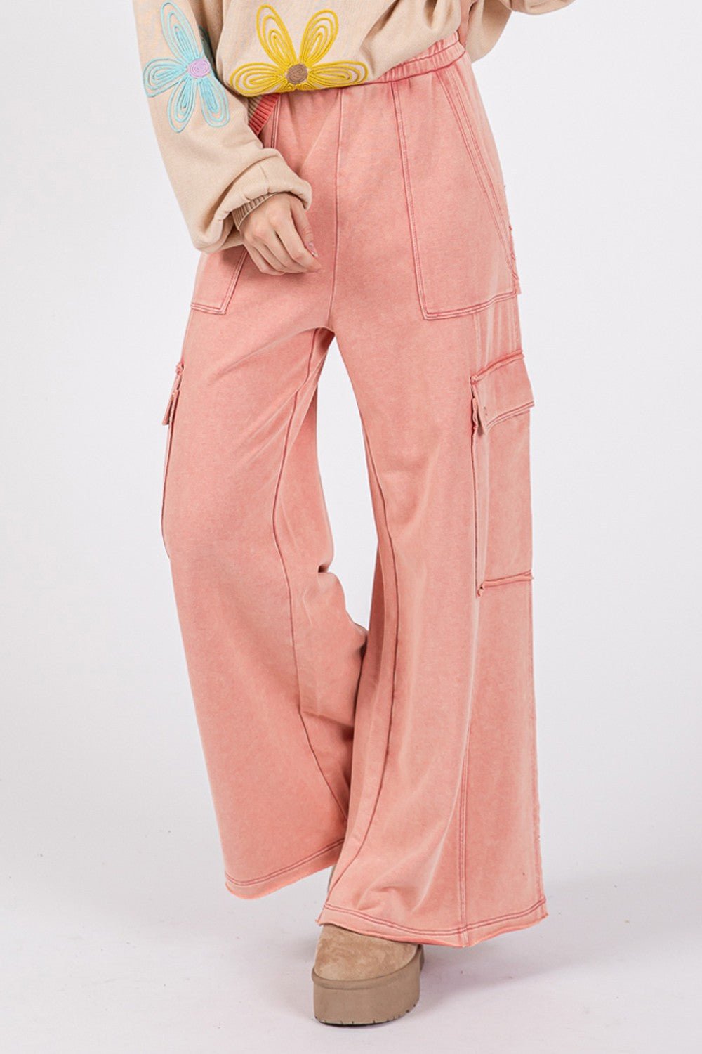 Rose Knit Terry Mineral Wash Wide Leg Pants