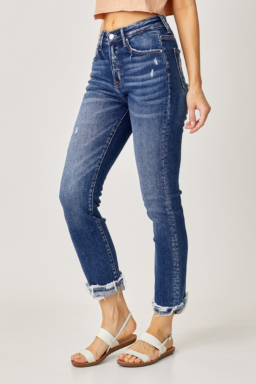 Full Size High-Rise Frayed Cuffed Straight Jeans