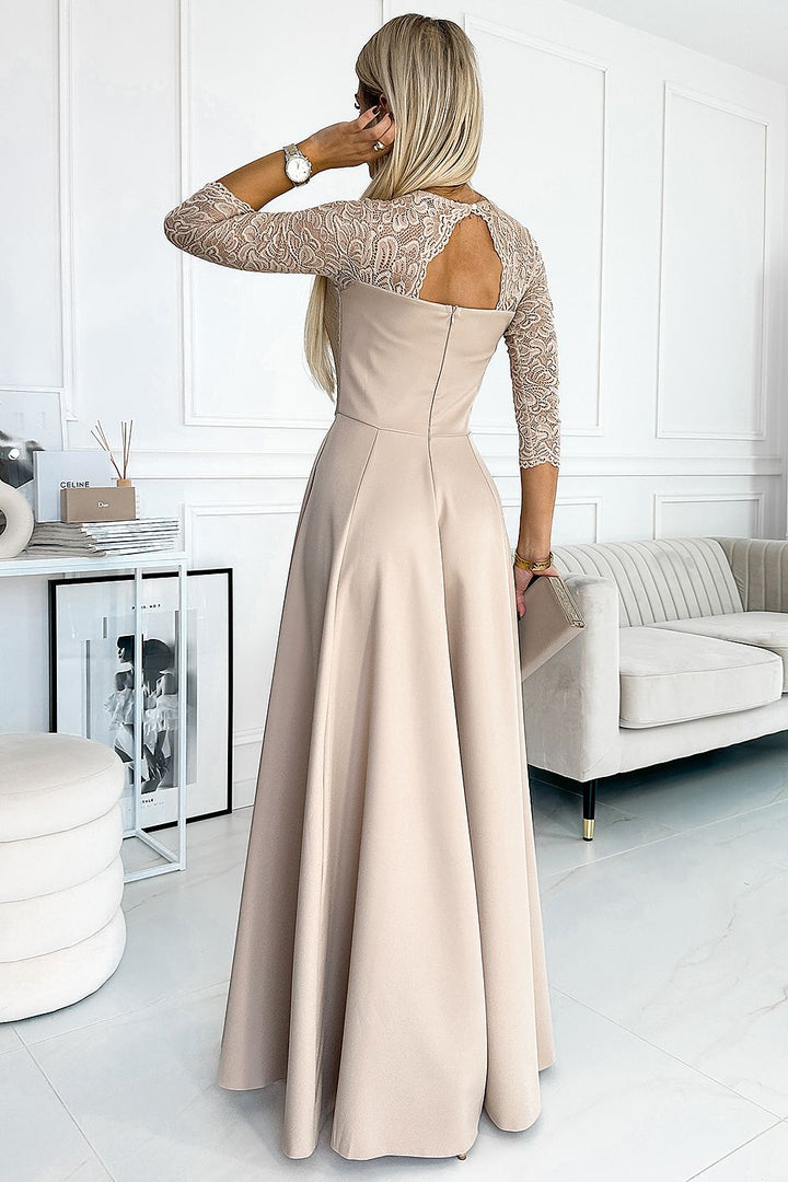 Laced Evening Maxi Dress in Beige