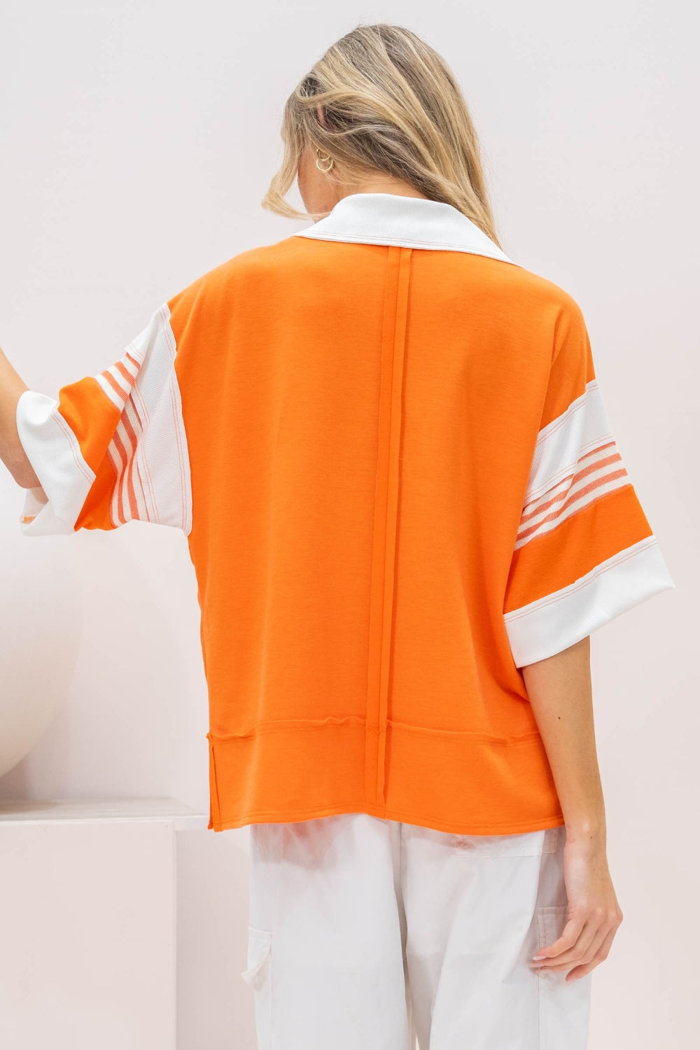 Orange Full Size Contrast Stripe Polo Shirt