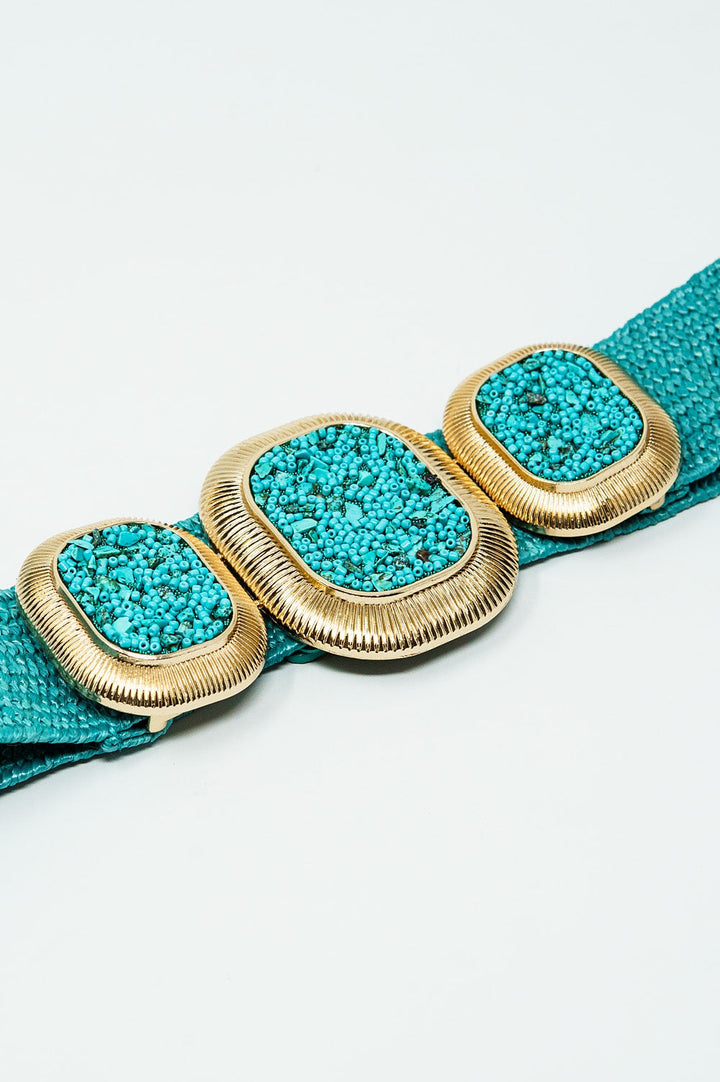 Turquoise Woven Belt with Rectangular Buckle with Beads