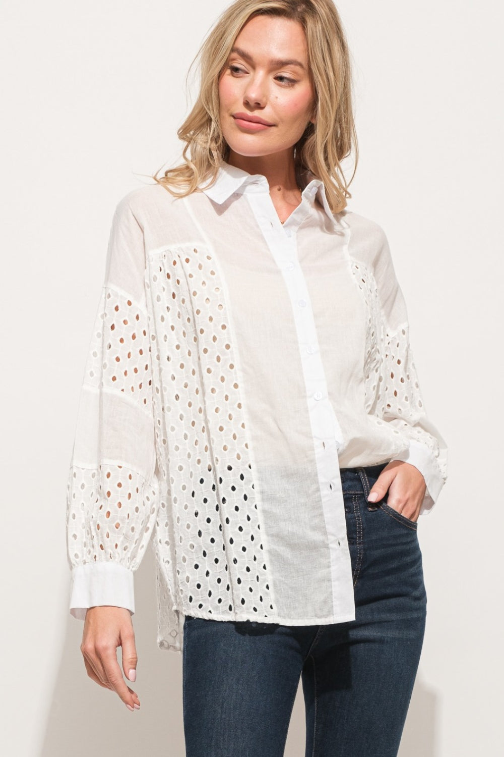White Eyelet Long Sleeve Button Down Shirt
