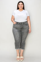 Gray Full Size Button Fly High Waist Cuffed Capris