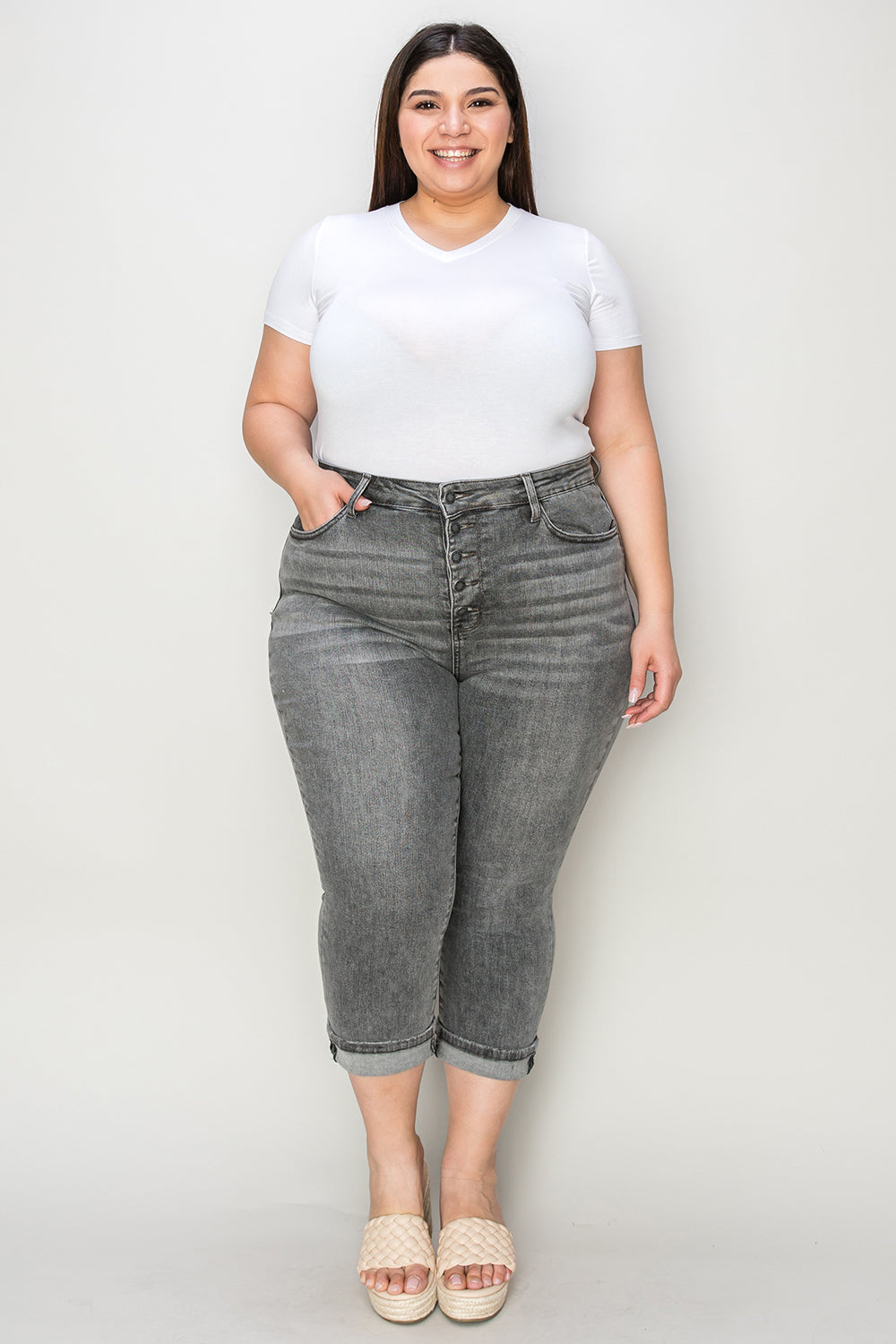 Gray Full Size Button Fly High Waist Cuffed Capris