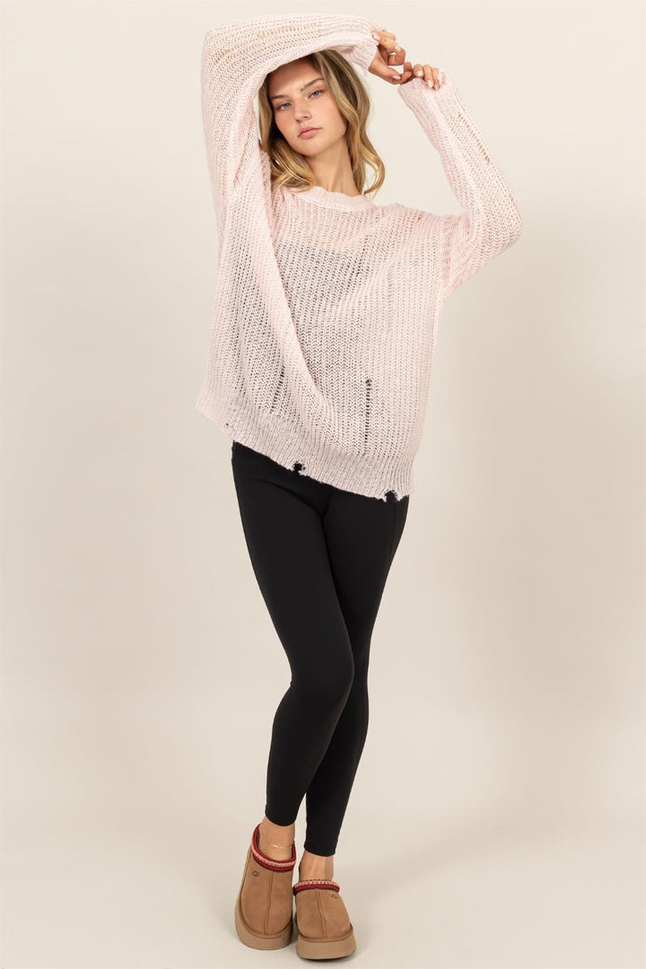 Pale Pink Distressed Long Sleeve Knit Top