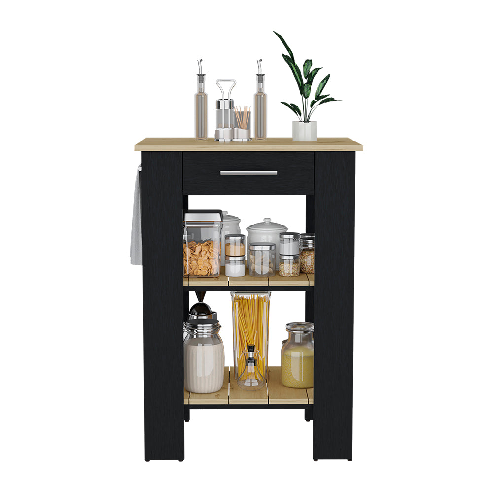 Kitchen Island 23" Dozza with Single Drawer and 2-Tier Shelves Black/Light Oak