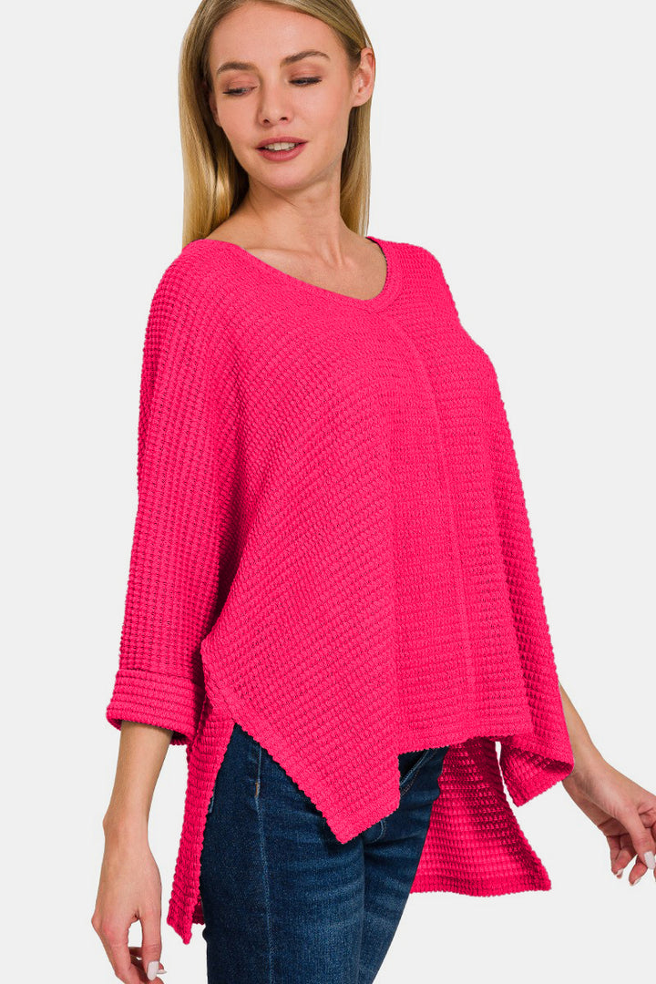 Zenana V-Neck High-Low Jacquard Knit Top