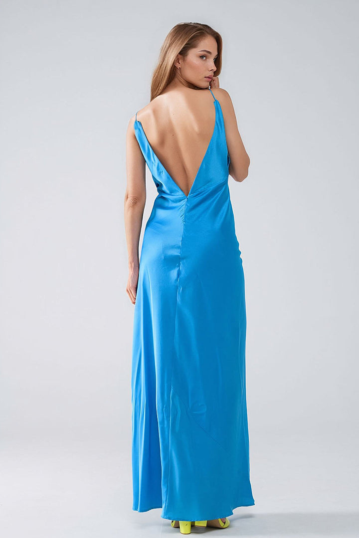 Satin Maxi Dress with Spaghetti Straps in Blue