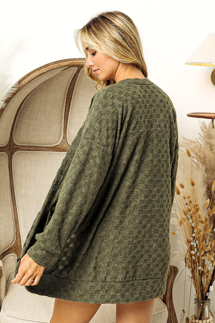 Olive Green Checkered Long Sleeve Open Front Cardigan