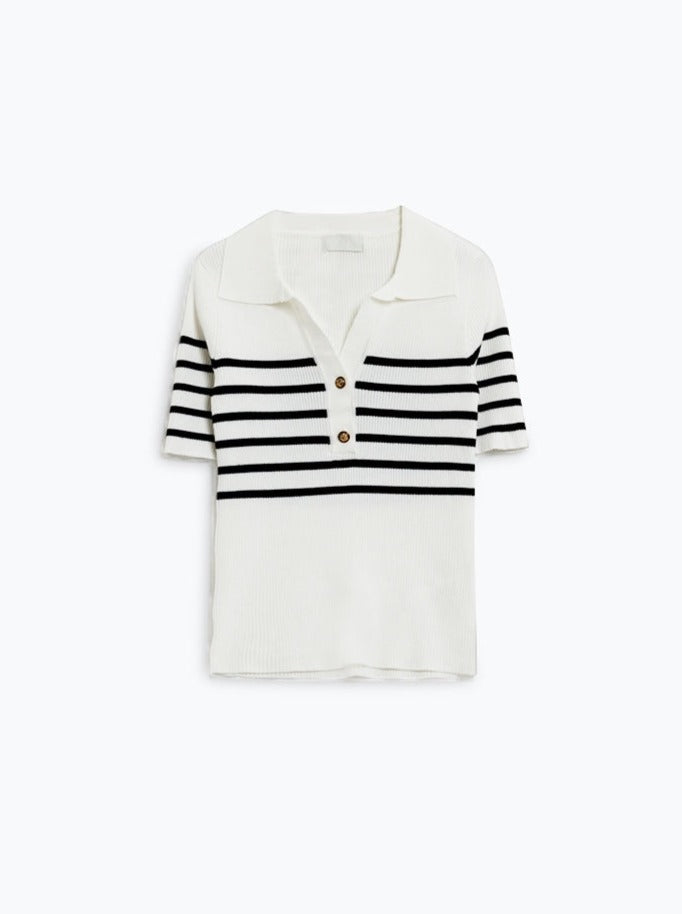 Striped Polo with Button Detail in White