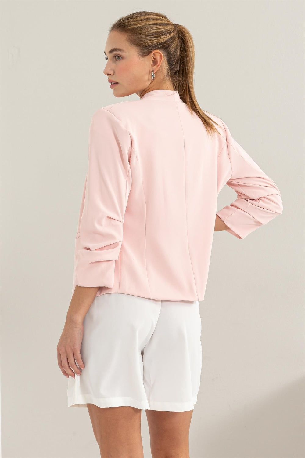 Blush Open Front Ruched Sleeve Blazer