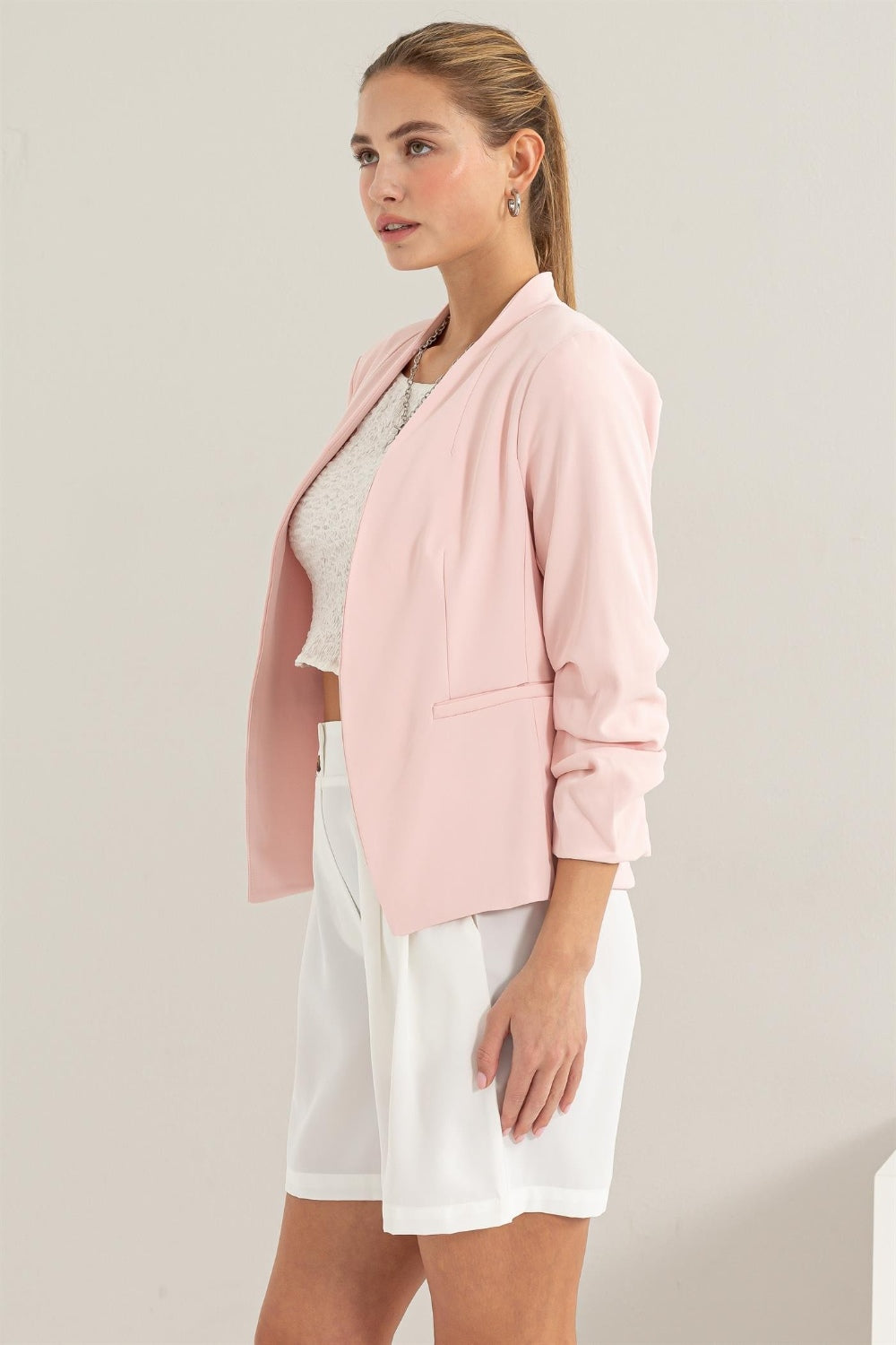 Blush Open Front Ruched Sleeve Blazer