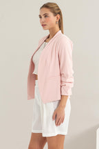 Blush Open Front Ruched Sleeve Blazer