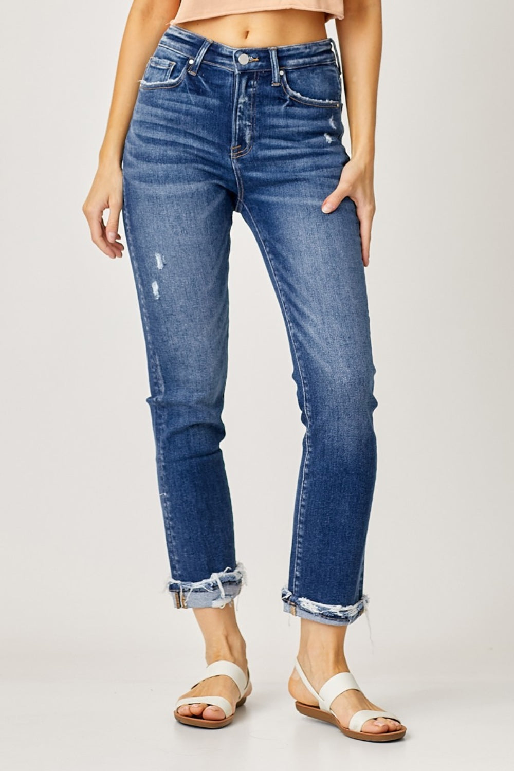 Full Size High-Rise Frayed Cuffed Straight Jeans