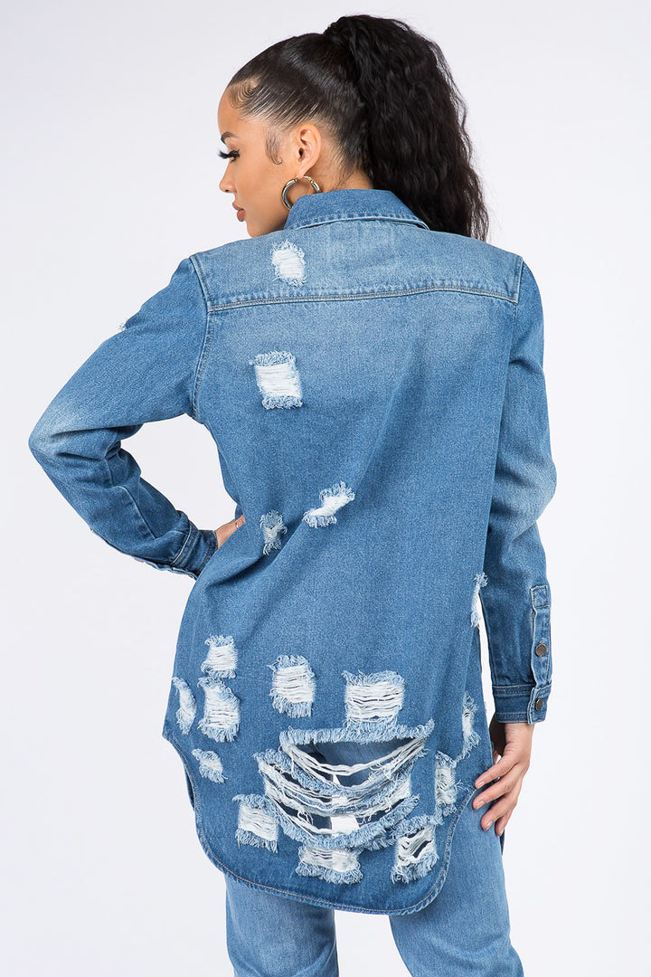 American Bazi Distressed Button Down Denim Shirt Jacket