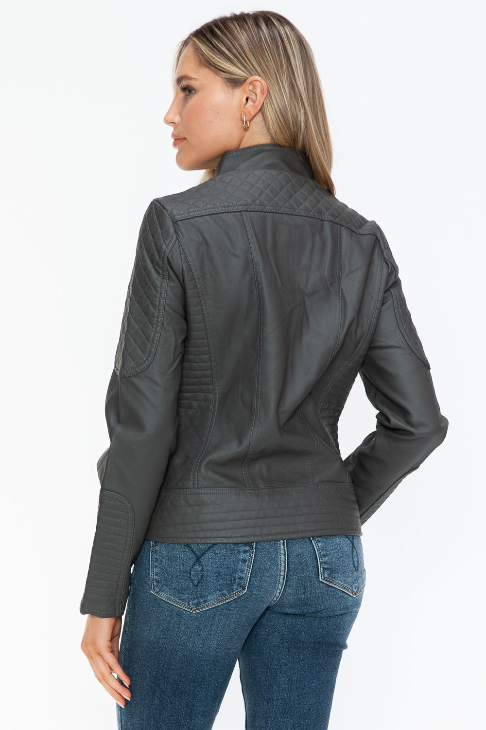 Charcoal Faux Leather Zip Up Mock Neck Jacket