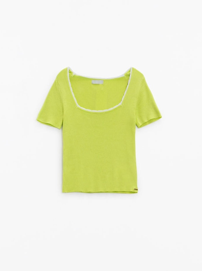 Lime Knitted Short Sleeve Sweater with Square Neck and White Trim