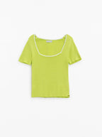 Lime Knitted Short Sleeve Sweater with Square Neck and White Trim