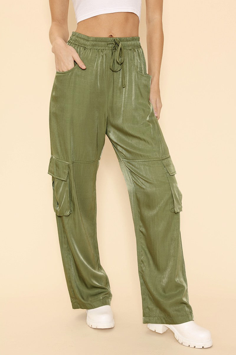 Satin Wide Leg Cargo Pants