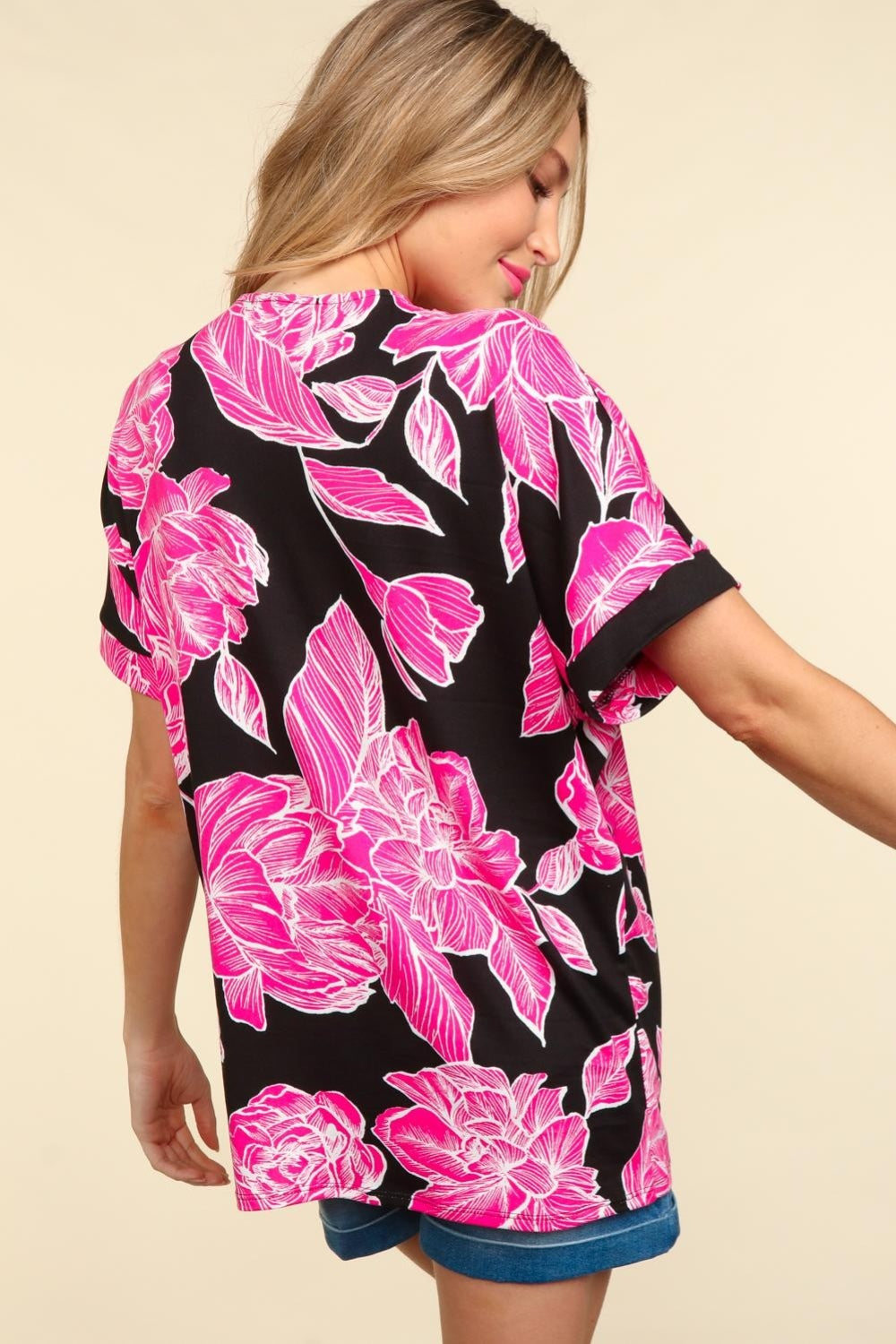 Black and Pink Floral Drop Shoulder T-Shirt